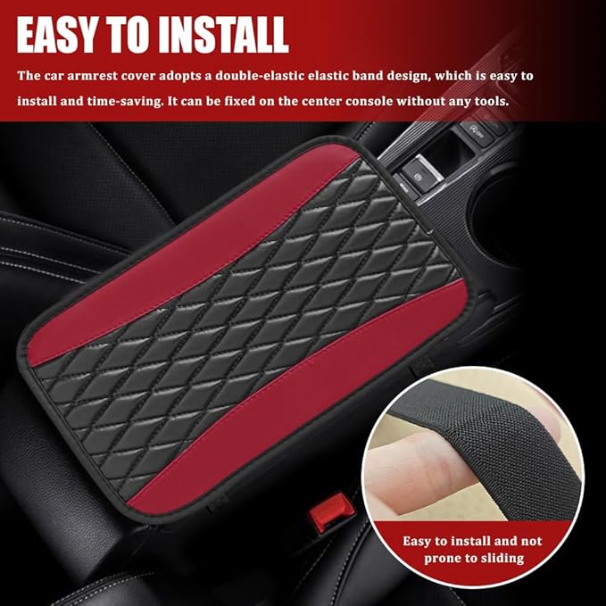 Car Center Console Cushion Pad, Armrest Cover for Car, Leather Waterproof Armrest Seat Box Cover, Auto Accessories Comfortable Arm Rest Box Cushion Pad for Most Vehicles (Wine Red)