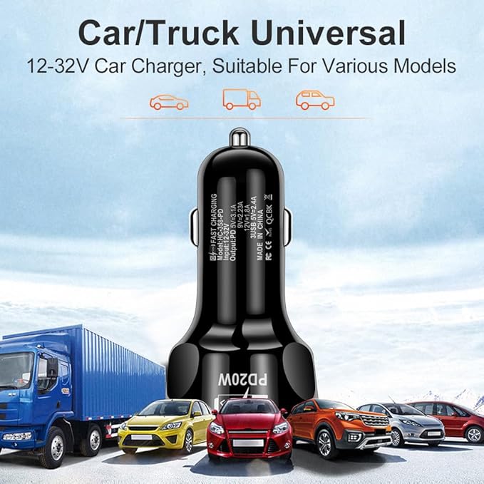 4 Port USB Fast Charging Cigarette Light Car Charger 3 * 2.4 A USB/ 1 PD20W LED Light Compatible with Tablets Cameras iPhone 14 13 12 11 Pro Max X XR XS Samsung Galaxy Series Google Pixel (White)
