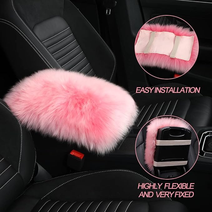 LLB Auto Center Console Cover Pad Universal Fit for SUV/Truck/Car, Genuine Sheepskin Wool Fur Car Armrest Seat Box Cover, Furry Fluffy Auto Armrest Cover Protector (Tan)