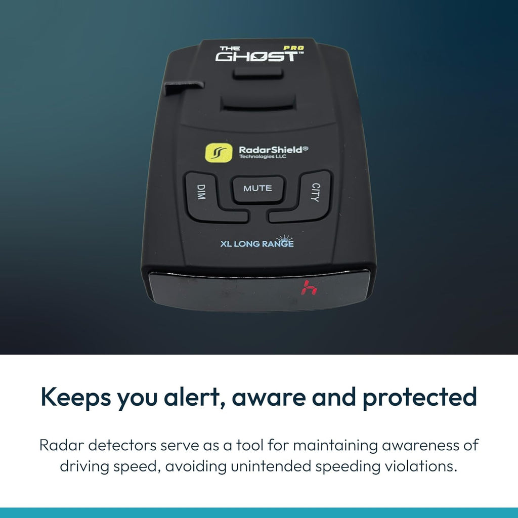 RadarShield Advanced Radar Detector for Cars, Ghost Pro Radar & Laser Detector with Long Range Detection, IVT Filtering, Laser Detection, Mute & Dim Buttons, Includes Mount & 12V Adapter, Black
