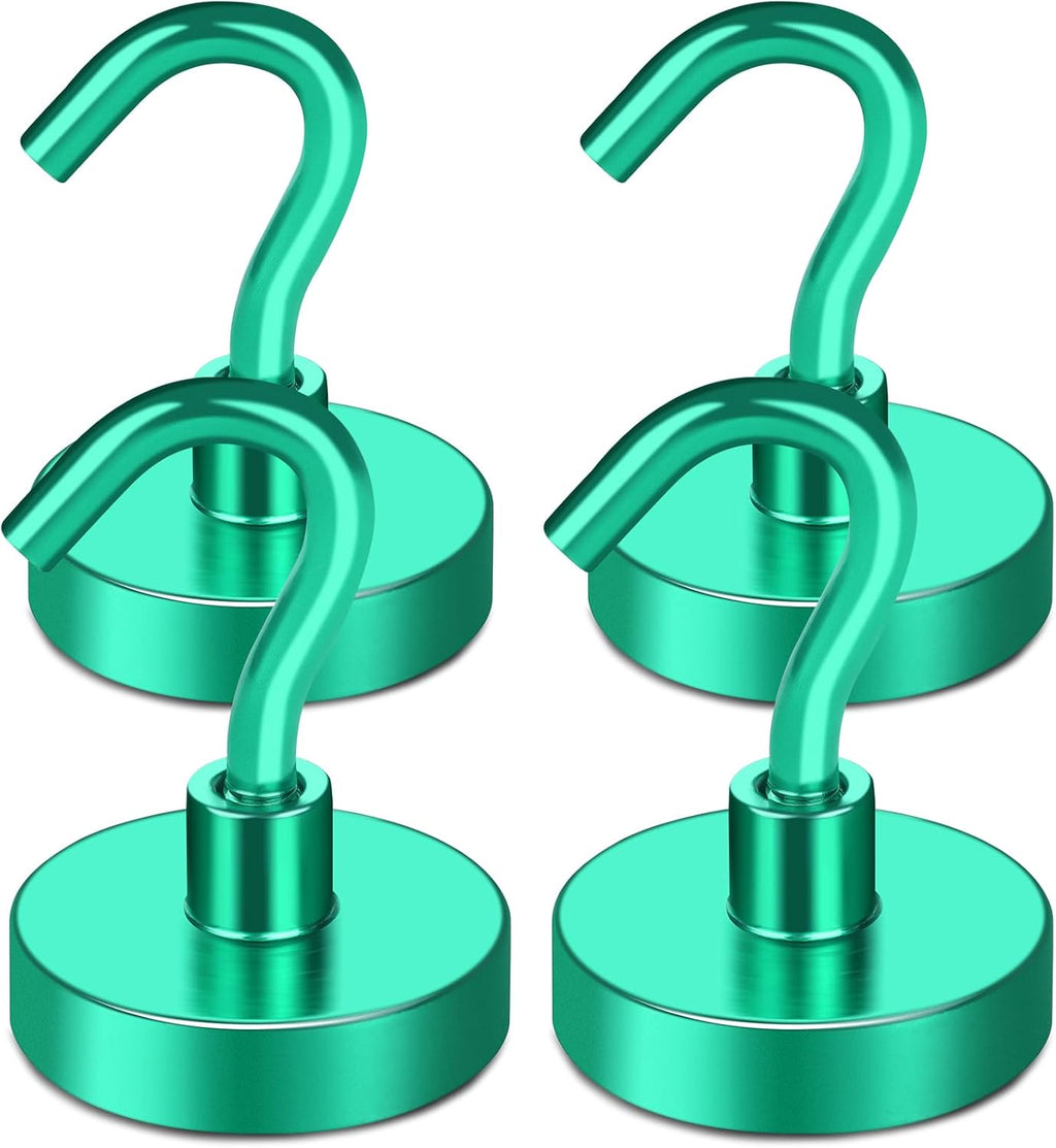 MIKEDE Magnetic Hooks Heavy Duty, 80LB Strong Magnet with Hook for Fridge, Super Neodymium Extra Strength Industrial Hooks for Hanging, Magnetic Hanger for Toolbox, Cruise, Grill(Green,4 Pack)