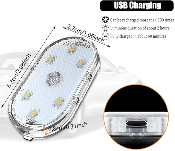 2PCS Wireless Car Interior LED Lights USB Rechargeable Car LED Touch Light with 6 Super Bright LED Lamp Beads Car Interior Ambient Light Universal Vehicle Accessories for Car Decor