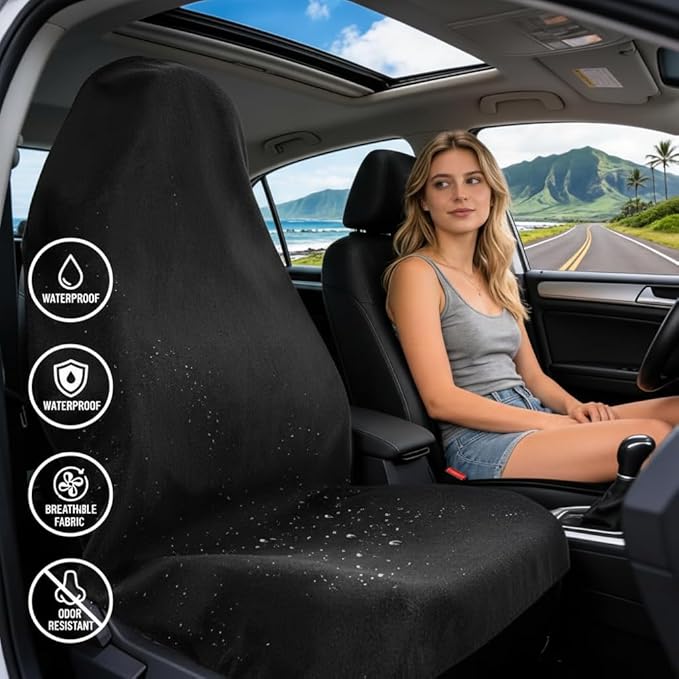 ZIMABLUE 2PC Waterproof Towel Car Seat Covers - 1kg Heavy Duty 3-Layer Microfiber Sweat Protector for Bucket Seats - Non-Slip Machine Washable Universal Fit for Gym, Yoga, Beach, Pets & Outdoors-Black