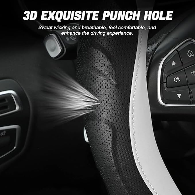 Leather Steering Wheel Cover, Auto Car Stretch Steering Wheel Protector, Universal 15 Inch Anti-Slip Breathable Odorless Steering Wheel Cover for Men Women (Black/White)