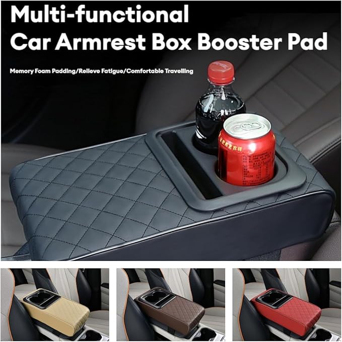Center Console Booster Cover Car Armrest Box Pad Leather Arm Rest Cushion with Cup Holder Mobile Phone Storage Armrest Protection Pad for Car (Grid Beige, 13.58 * 8.07 * 2.95 inch)