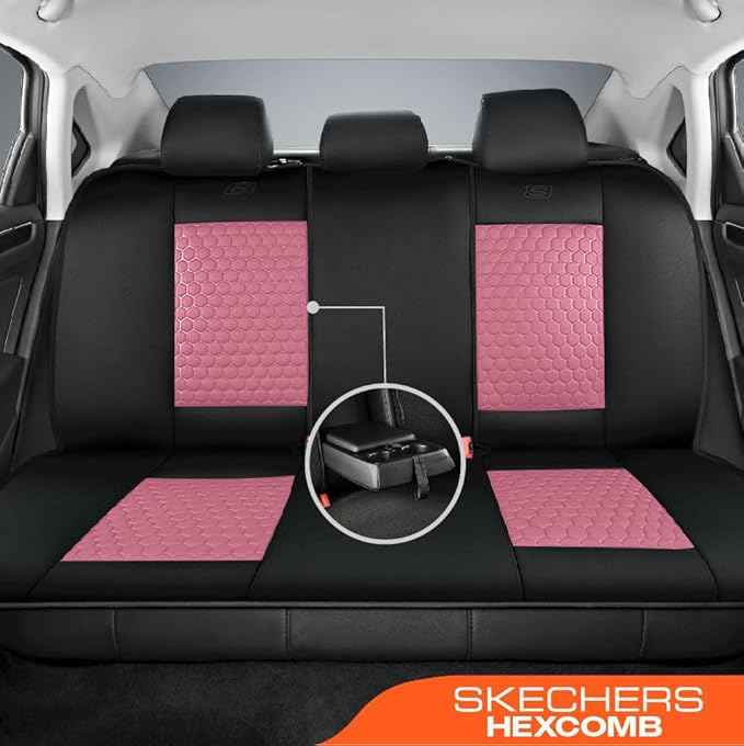 Skechers Memory Foam™ Car Seat Cover Full Sets, Hexcomb Breathable Thick Seat Covers, Airbag Compatible, Automotive Comfort & Protection for Most Cars,Van,Trucks, SUVs (Pink,Full Set)