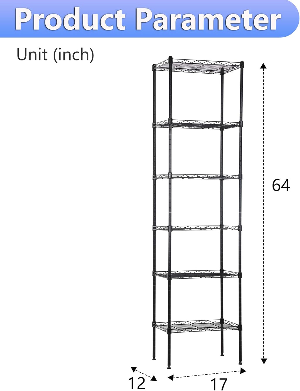 BestOffice Metal Garage Shelving 6 Tiers Garage Storage Shelves Heavy Duty 17”D x 12”W x 64”H Easy Assemble Wire Shelving NSF Certified Storage Shelves with Levling Feet for Home Garage Office, Black