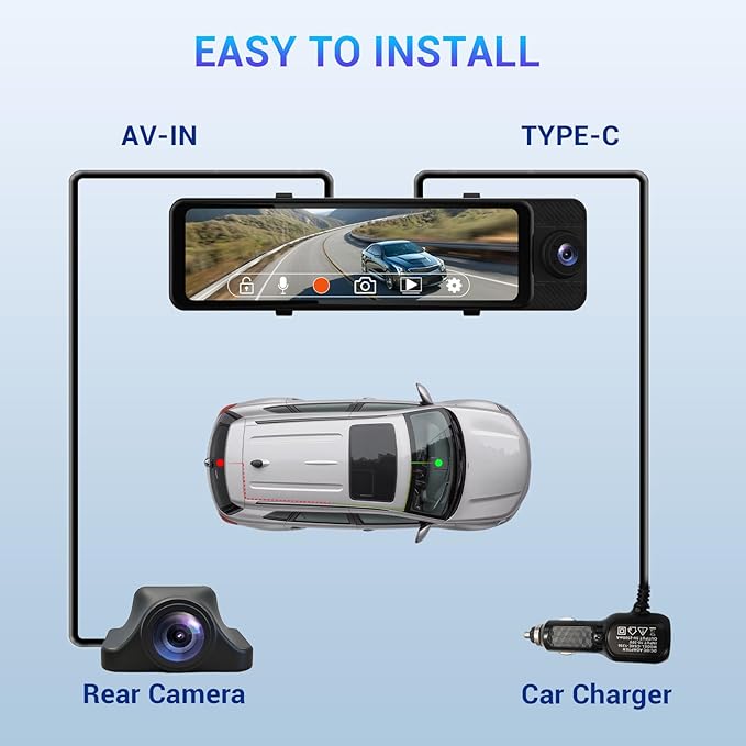 Rear View Mirror Camera, 3 Channel Mirror Dash Cam Front Rear and Inside, 11" Triple Rearview Mirro with 128GB Card, Backup Camera for Car Trucks with WiFi,Reverse Assist,Night Vision,Parking Monitor