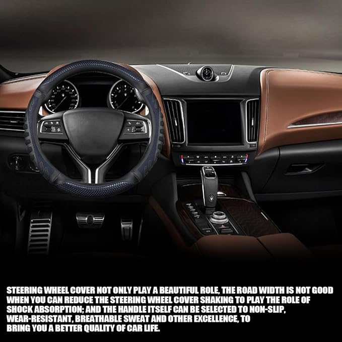 Car Steering Wheel Cover, Anti-Slip Leather Breathable Comfortable Automotive Steering Wheel Cover Protector Decoration for Men and Women, 15 Inch Universal for SUV, Truck, RV（Blue）