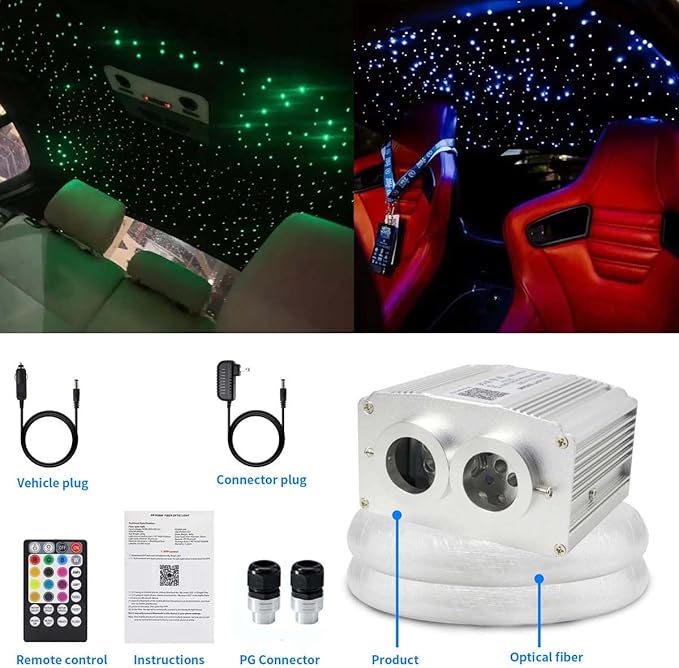 AZIMOM Dual Port 16W Twinkle Bluetooth Fiber Optic Lights Star Ceiling Light Kits 1100pcs*0.03in*13.1ft Fibers Strands Sound Activated RGBW APP/Remote for Car Home Starlight Headliner Décor