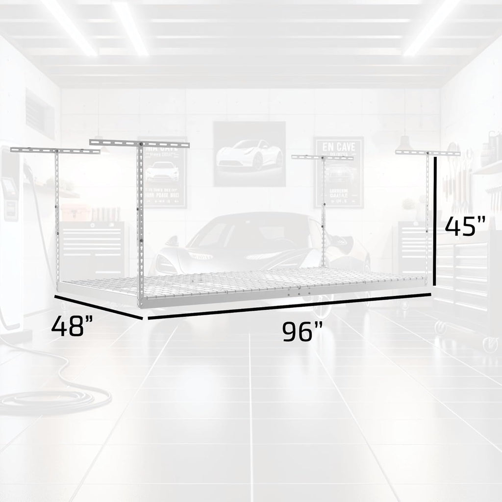 MonsterRax Overhead Garage Storage Rack - 4 x 8 Ceiling Shelving, Adjustable Hanging Racks, Color: White, 24"-45" Ceiling Drop.