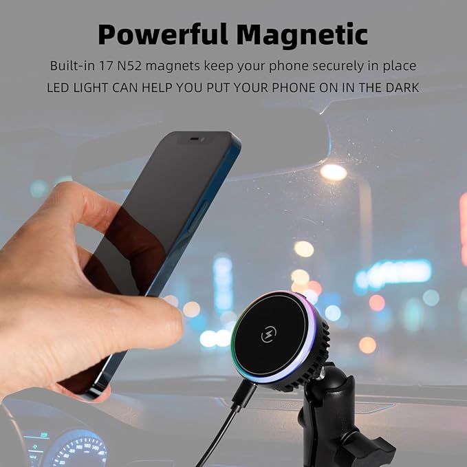 1" Ball Magnetic Wireless Charging Phone Holder with 5.9" Long Arm for MagSafe iPhone 17/16/15/14/13/12 Series - 15W Fast Charging, TEC and Fan Dual Cooling - Compatible with RAM B Size Mounts
