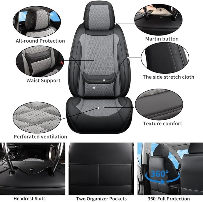 Car Seat Covers Full Set Custom Fit for Ford Ranger 2000-2026 - Premium Faux Leather with Lumbar Support | Breathable, Waterproof, Anti-Slip, Durable (Black&Gray,Full Set)