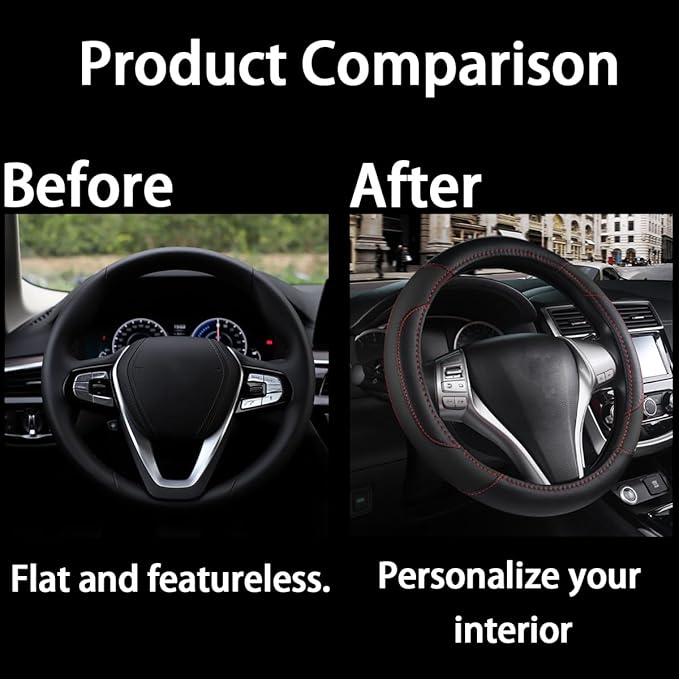 BELOMI Leather Car Steering Wheel Cover, Universal 15 Inch for Car Truck SUV, Non-Slip and Breathable, Sport Style Design Odorless Steering Wheel Protector, Automotive Interior Accessories (Black)