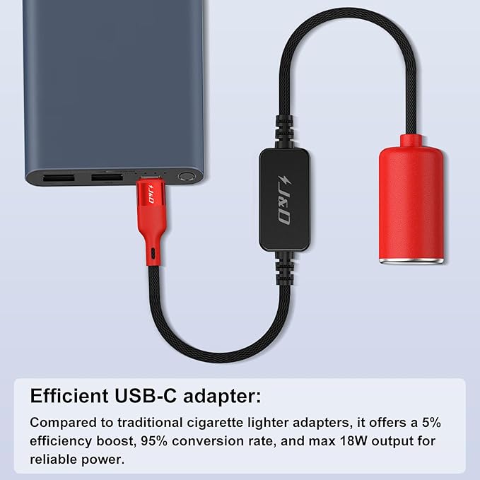 J&D USB C Male to 12V Car Cigarette Lighter Socket Female Converter Cable, 12V 18W Power Cable for Dash Cam, GPS, Car LED Light Strips, Red, 5 ft