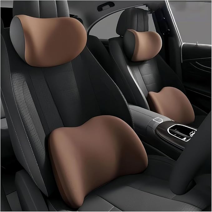 Car Lumbar Support Pillow and Car Neck Pillow Kit for Peugeot 807 2002-2010 2011 2012 2013 2014, Car Seat Neck Back Rest Pillows, Ergonomic Car Seat Headrest & Lumbar Cushion,C Coffee