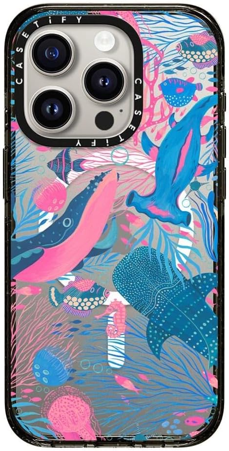 CASETiFY Impact iPhone 15 Pro Case [4X Military Grade Drop Tested / 8.2ft Drop Protection/Compatible with Magsafe] - Animal Prints - Under The Sea - Clear Black