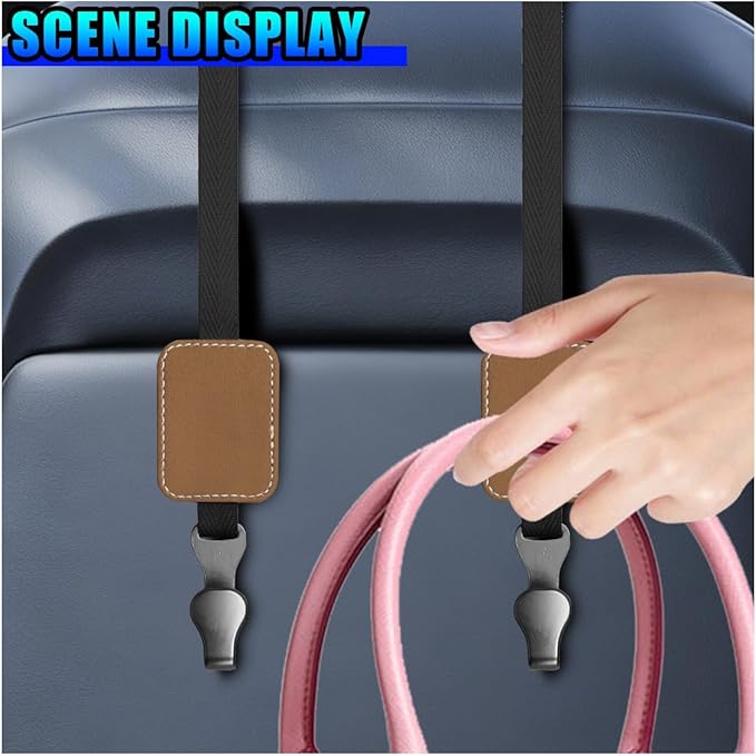 2PCS Car Seat Headrest Hooks, Stylish Suede Automotive Backseat Storage Hanger, Universal Vehicle Interior Seat Organizer Accessories for Purse, Handbag, Umbrella, Grocery (Brown)