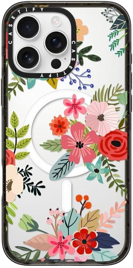 CASETiFY Impact iPhone 16 Pro Max Case [Slim/Compatible with Magsafe / 8.2 ft. 4X Military Grade Drop Protection] - Floral Collage - Clear Black