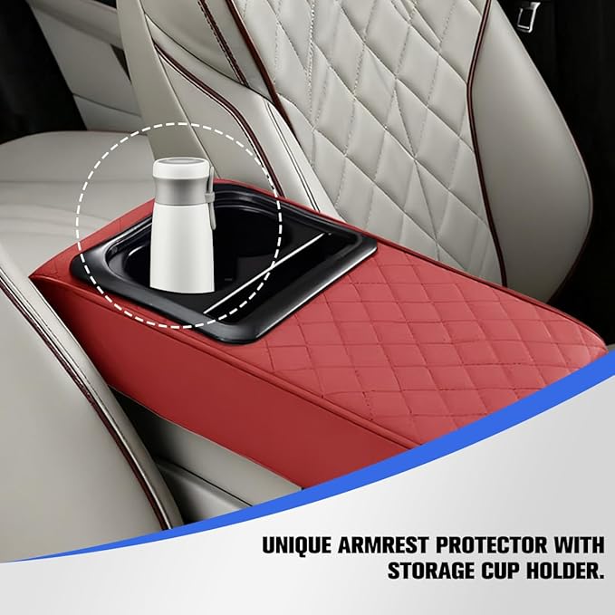 Car Center Console Armrest Pillow, Vehicle Armrest Seat Box Cushion Pad with Cup Holder & Phone Holder, Comfortable Auto Middle Console Cover, Universal for SUV RV Truck (Diamond, Wine Red)