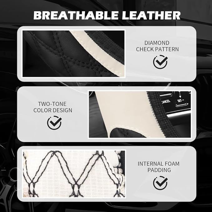 15 Inch Car Steering Wheel Covers with Double Colors,Non-Slip Leather Steering Wheel Cover for Protecting Steerings Wheels,Universal Cars Decorations Car Wheels Cover (White)