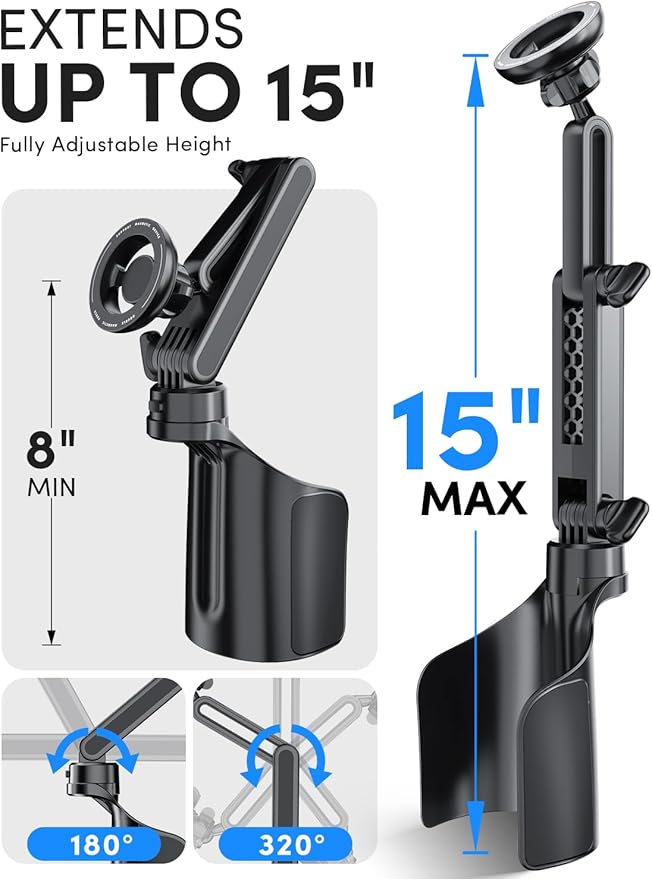 ELWEY Cup Holder Phone Holder for Magsafe, Car Phone Holder Magnetic, Upgraded 2 in 1 Cup Holder Phone Mount with Dual Adjustable Bases, Powerful N55 Magnet, 15" Height, for iPhone 17 Pro Max 16 15