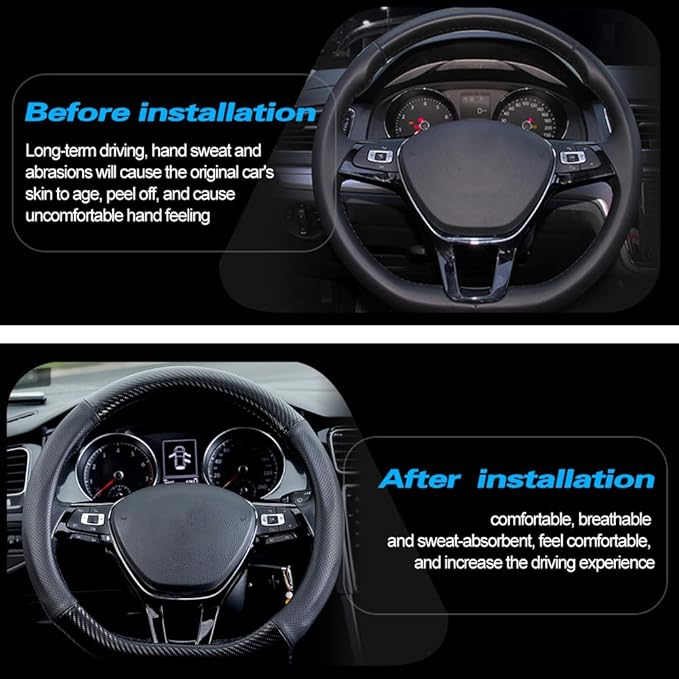 Car Carbon Fiber and Leather D-Shape Steering Wheel Cover, Stylish car Non-Slip Leather car Interior 15 inches Universal Black and Red