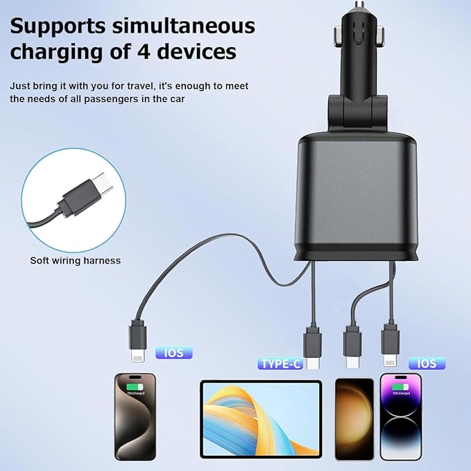 Car Charger with Starrylight, 4 in 1 Retractable Type C USB Ports 120W Fast Charging Adapter for Phones, Tablets, Multifunctional Auto Accessories, Universal for Vehicles