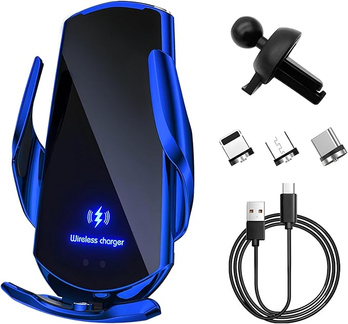 Sun Walker Wireless Car Charger Mount, Electric Induction 15W Fast Charging Bracket Air Vent Phone Holder, Auto-Clamping Wireless Charger Vent Mount Compatible with Most Smartphones (Blue)
