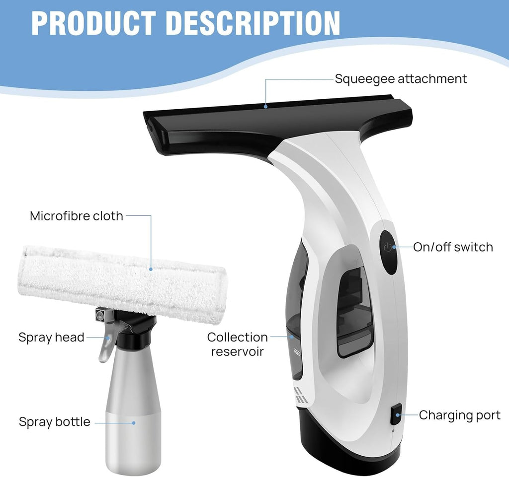 Handheld Window Vacuum Cleaner, Small Rechargeable Window Vacuum Cleaner with Multi-Function Spray Bottle and Microfiber Cloth for Windows, Tiles, Mirrors, countertops and car windshields.