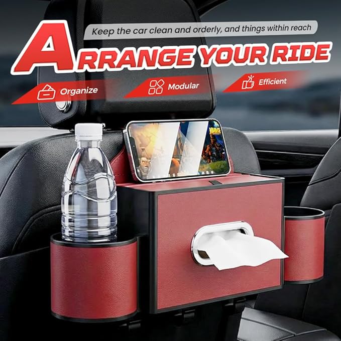 Back Seat Car Organizer,3 in 1 Car Backseat Storage Box with Cup Holder,Tissue Box,Trash Bin&Hooks,Multifunctional Waterproof Storage for Hold Phones Snacks Drinks Handbags (1, A-Black)