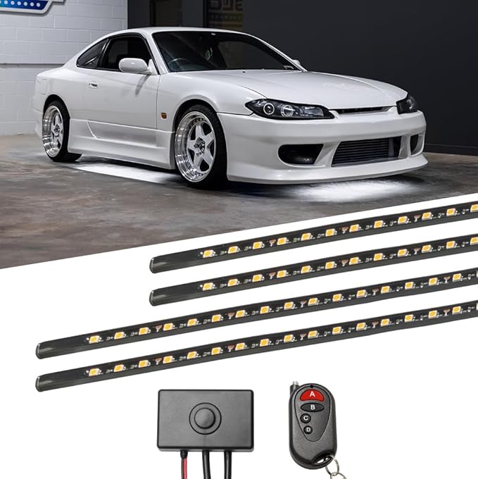 LEDGlow 4pc White LED Flexible Car Slimline Underbody Underglow Accent Neon Lighting Kit - 4 Unique Patterns - Water Resistant, Low Profile Light Tubes - Includes Control Box & Remote