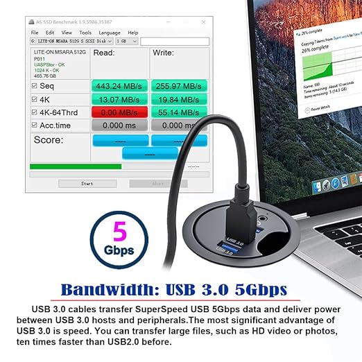 xiwai USB 3.0 Hub Splitter, Sound Card 3 Port USB Multiport Expander 60mm Desk Grommet Dock Station Headphone Mic Audio Interface for PC Desk Desktop