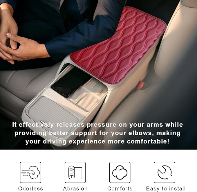 Car Center Console Cushion Pad, 12.48×7.40 Inches Waterproof Car Armrest Seat Box Cover, Comfortable PU Leather Vehicle Armrest Cover Protector, Car Decor Interior Accessories (Wine Red)