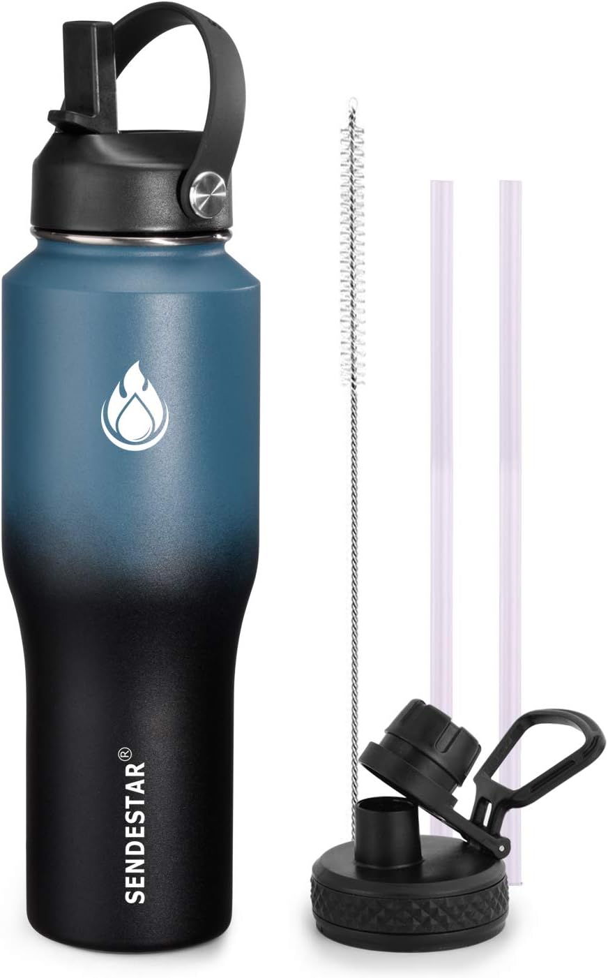 SENDESTAR Water Bottle 32oz,2 Lids(Straw lid),Wide Mouth Stainless Steel Vacuum Insulated Double Wall Keep Liquids Cold or Hot All Day,Sweat Proof Sport Design,Fit Car Cup Holder(Dark blue&Balck)