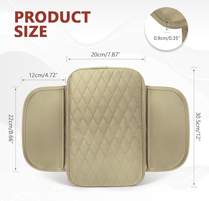 Car Center Console Cover, 12"×7.87" Waterproof Leather Auto Armrest Cover Protector with 2 Pocket, Comfortable Arm Rest Box Cushion Pad, Universal Interior Car Accessories (Beige)