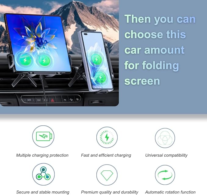 Smart 2-in-1 Auto-Rotating Phone Holder and Wireless Car Charger, Foldable Car Phone Mount for iPhone and Samsung, Cell Phone Automobile Charger with Car Vent Mount