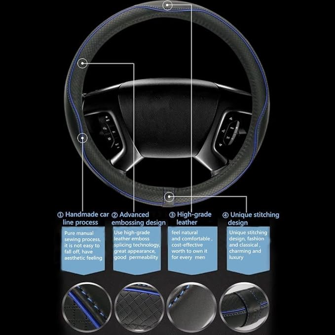 Microfiber Leather Car Medium Steering Wheel Cover,Universal Car Wheel Cover,Breathable Wheel Cover,Anti-Slip Full Surround,Sports Style Steering Wheel Covers (Black&Blue Line)