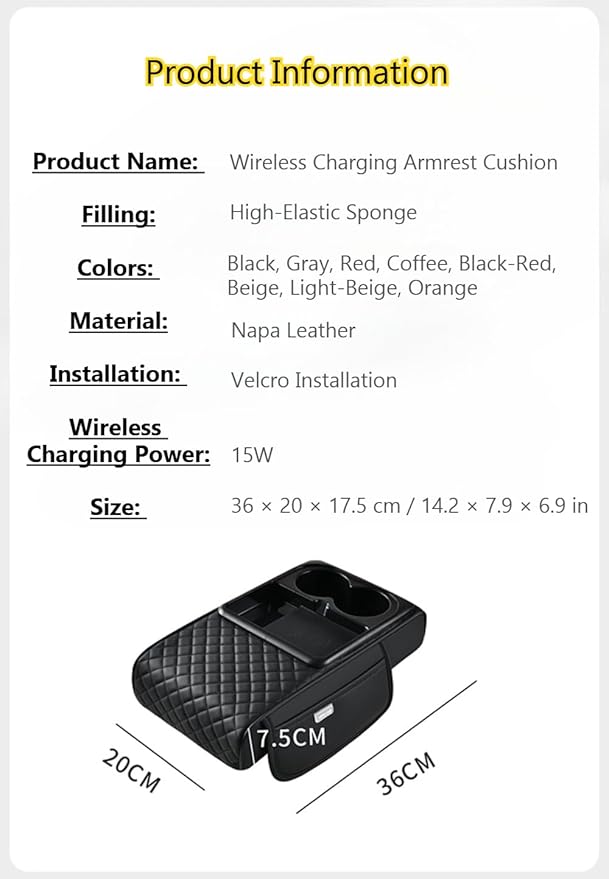 Car Armrest Pad with Built-in Induction Charging, Leather Center Console Cushion with 15W Power Pad, Dual Cup Holders, Storage Pockets - Red