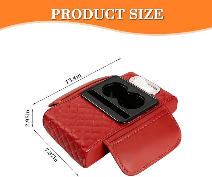 Car Armrest Cushion, 5-in-1 Nappa Leather Vehicle Centre Console Cover with 2 Storage Pockets, Cup Phone & Phone Holder, Multifunctional Auto Organiser Accessories, Universal Fit (Wine Red)