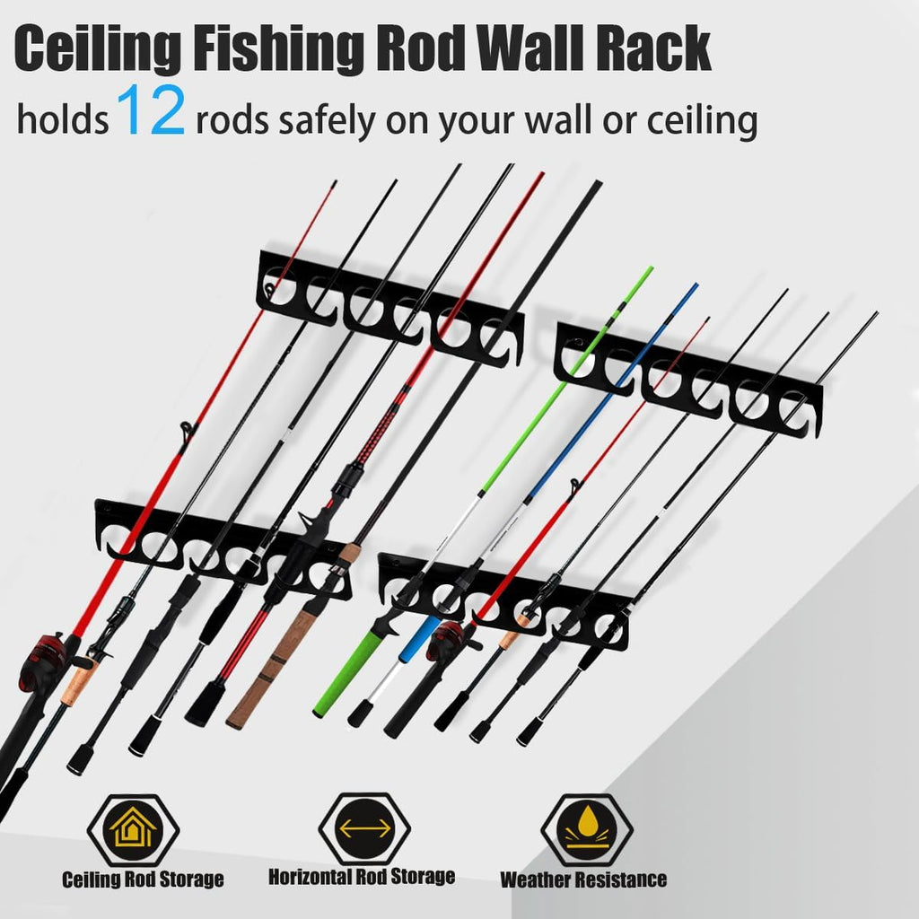 Fishing Rod Rack Pole Wall or Ceiling Storage Holder Hook Keeper Display Hanger Organizer Mount for Garage, Cabin Storeroom Porch and Basement Poles Holds 12 Rods Heavy Duty Metal safe