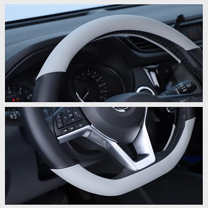 SEG Direct Flat Bottom Steering Wheel Cover, D Shaped Car Wheel Cover 14 1/2-15 in. (37-39 cm), Black Gray Microfiber Leather