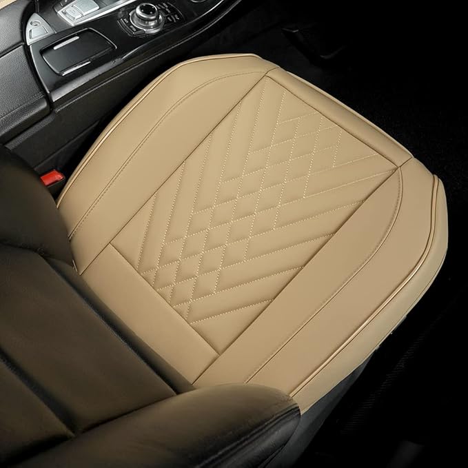 GIANT PANDA 2pcs Front Car Seat Covers Bottom Seat Covers, PU Leather Driver Car Seat Protectors Fits 95% of Vehicles, Wrapping Around The Bottom (Beige)