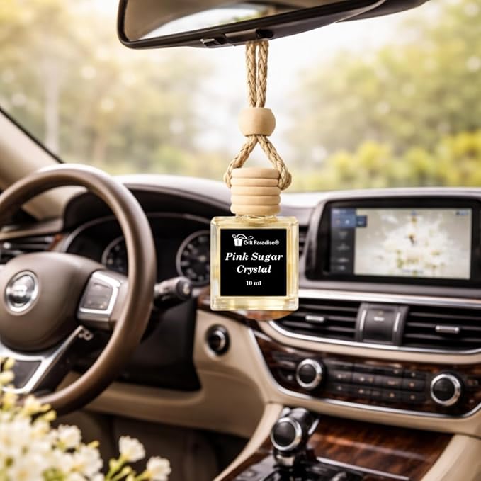 Pink Sugar Crystal Car Air Freshener Set of 3 with Magnetic Gift Box, 10 ml Hanging Diffuser Bottles with Wooden Cap, Sweet Vanilla Cotton Candy Scent for Car, Home & Closet