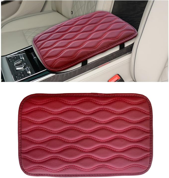 Car Center Console Cushion Pad, 12.48×7.40 Inches Waterproof Car Armrest Seat Box Cover, Comfortable PU Leather Vehicle Armrest Cover Protector, Car Decor Interior Accessories (Wine Red)