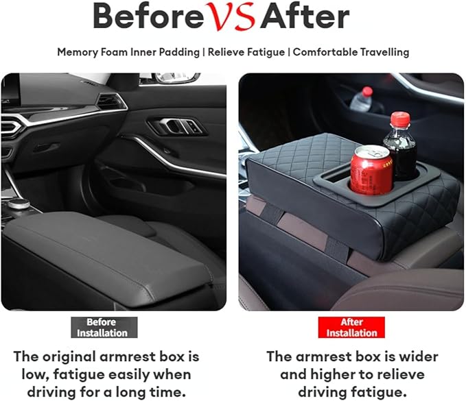 Center Console Booster Cover Car Armrest Box Pad Leather Arm Rest Cushion with Cup Holder Mobile Phone Storage Armrest Protection Pad for Car (Grid Beige, 13.58 * 8.07 * 2.95 inch)