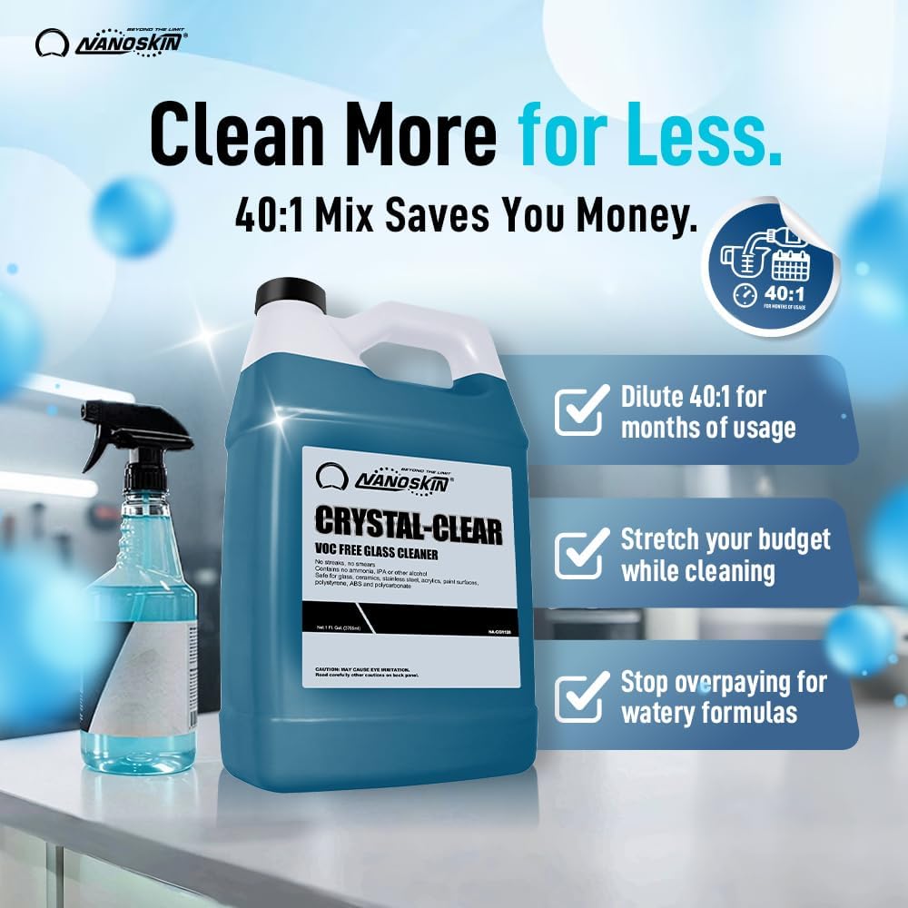 Nanoskin CRYSTAL-CLEAR VOC-Free Glass Cleaner 16 oz - Ultra-Concentrated, Eco-Friendly, Streak-Free Finish | Versatile Use for 40:1 Dilution | Perfectly Safe for Auto, Home, Garage & Beyond