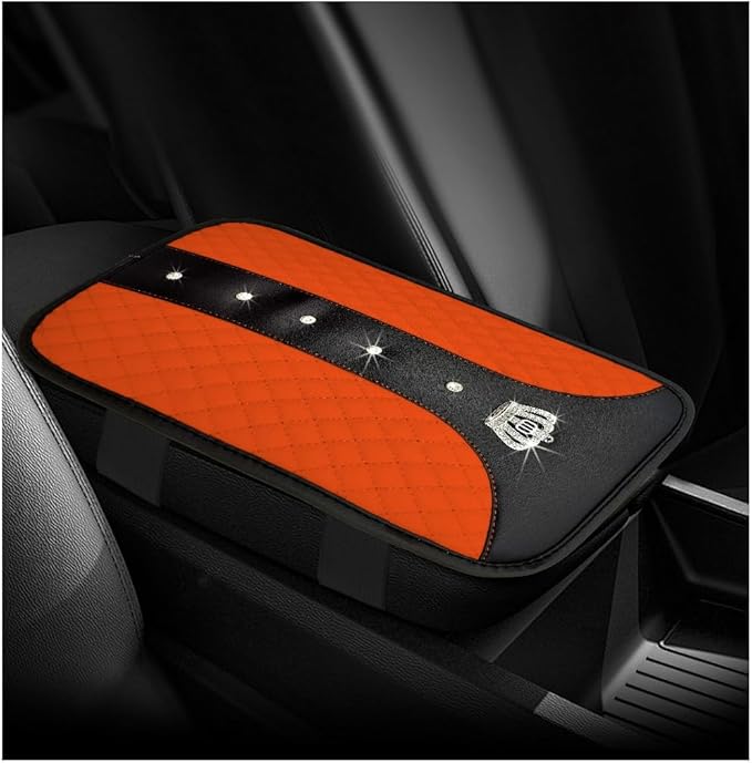 Bling Leather Car Center Console Cover, Anti-Slip Crown Armrest Seat Box Cushion Pad with Rhinestones, Waterproof Crystal Arm Rest Protector Interior Decor for Most Vehicles (Orange)