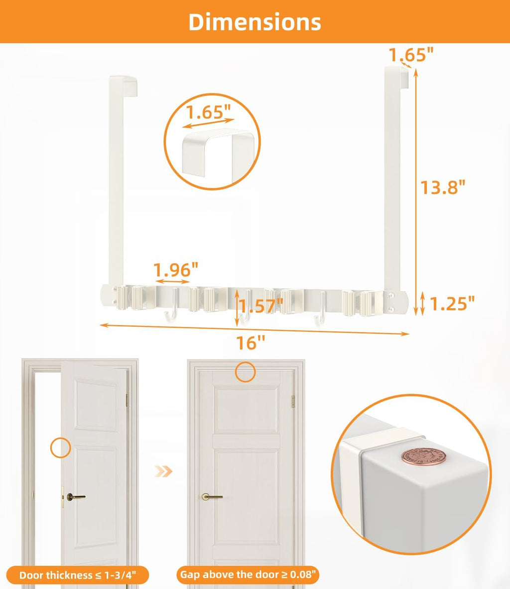 Broom Holder Over The Door - 304 Stainless Steel Mop and Broom Holder Wall Mounted or Hanging Over The Door with Hooks - Broom Hanger - white, Broom Storage Tool Organizer for Closet Laundry