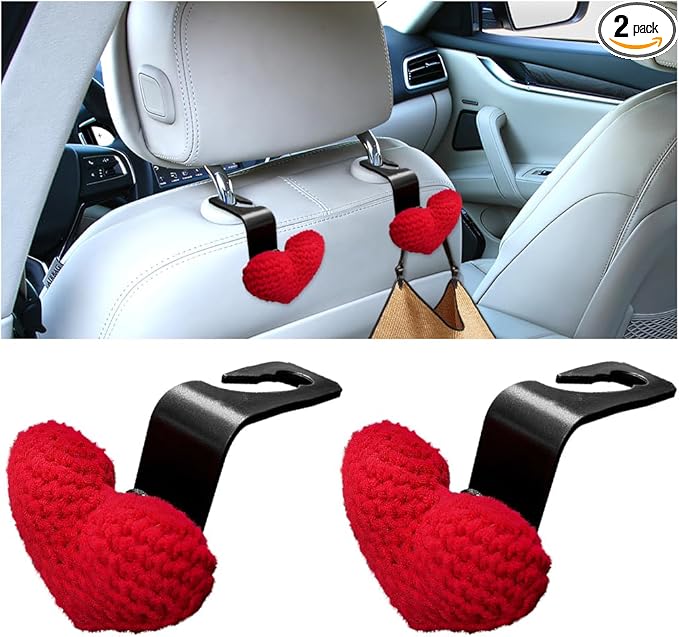 2PCS Car Headrest Hook, Cute Wool Heart Vehicle Seat Hangers for Umbrellas Grocery Bags, Automotive Interior Backseat Storage Organizer Hook, Universal for SUV, Sedan, Truck (Red)